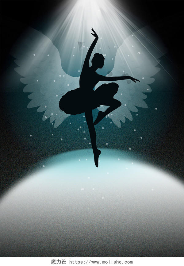黑色高级跳舞女孩剪影白色翅膀灯光展板背景